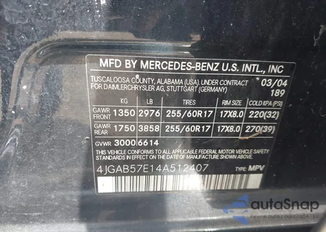 2004 Mercedes-Benz Ml 350 4Matic from USA, damaged, VIN 4JGAB57E14A512407